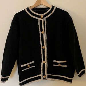 Vintage Classic Hand-Knit Wool Black White Cardigan with Gold Buttons L